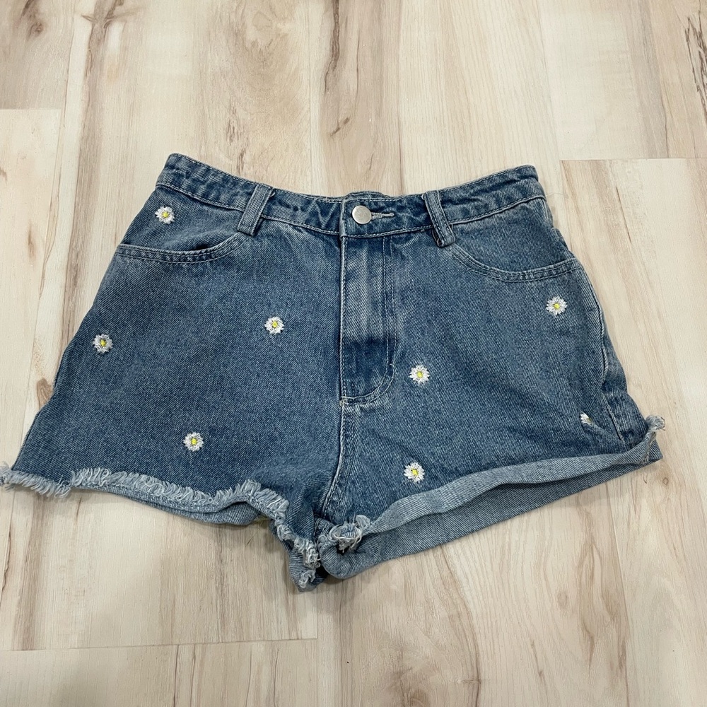 Altar'd State Blue Jean Shorts with Daisy Accents
